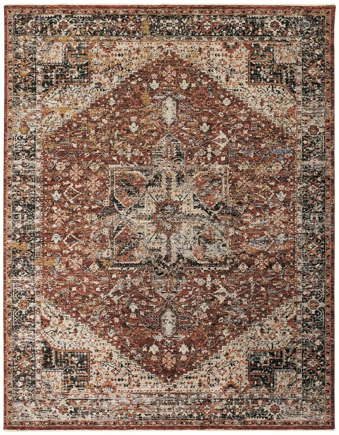 5′ x 8′ Red Ivory and Black Abstract Distressed Area Rug with Fringe