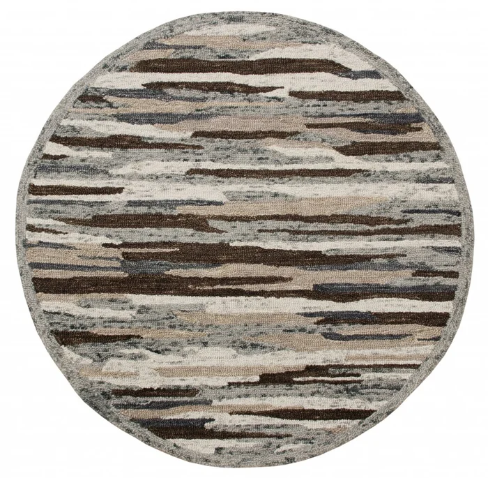 6′ Gray and Brown Round Wool Hand Tufted Area Rug