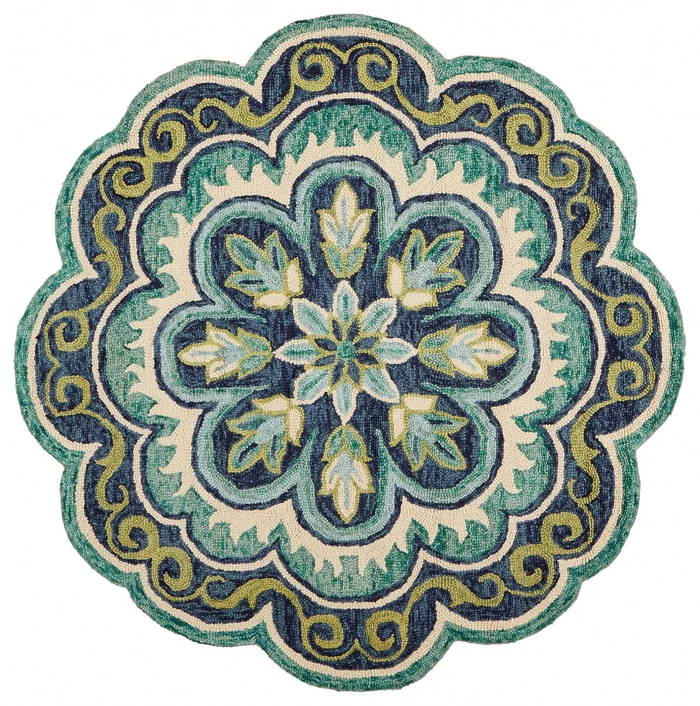 6′ Green Round Wool Geometric Hand Tufted Area Rug