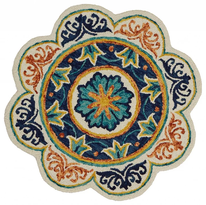 6′ Ivory Round Wool Geometric Hand Tufted Area Rug