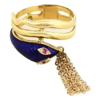 67257 Estate Ruby Enamel 18k Yellow Gold Snake Bypass Band Ring Size 7