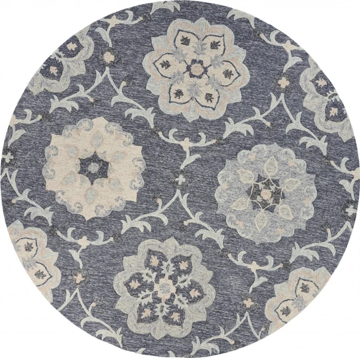 7′ Blue and Gray Round Wool Hand Tufted Area Rug
