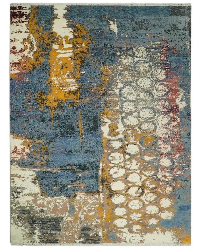 8×10 Fine Hand Knotted Ivory and Blue Modern Abstract Style Antique Wool and Silk Area Rug | TRDCP631810