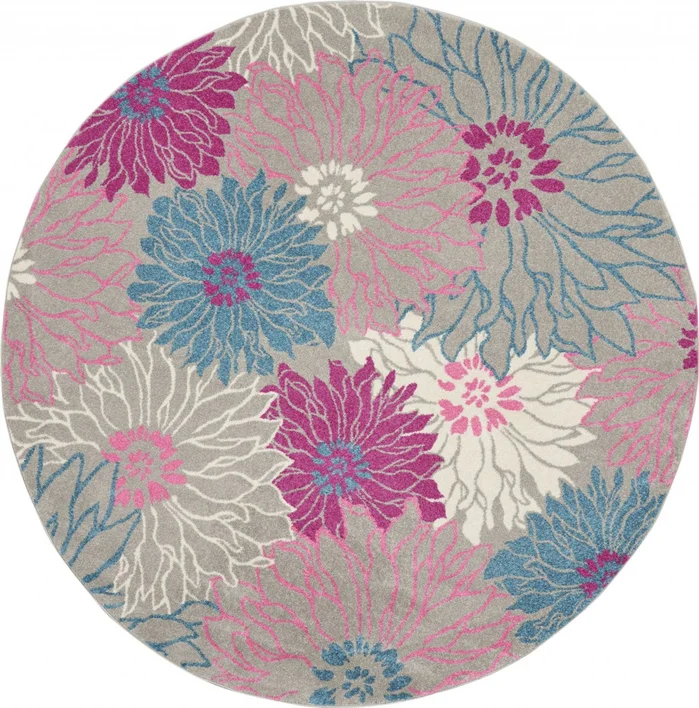 8′ Gray Round Floral Dhurrie Area Rug