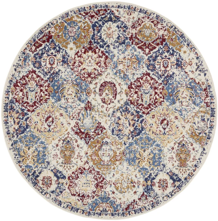 8′ Navy Blue Round Damask Power Loom Distressed Area Rug