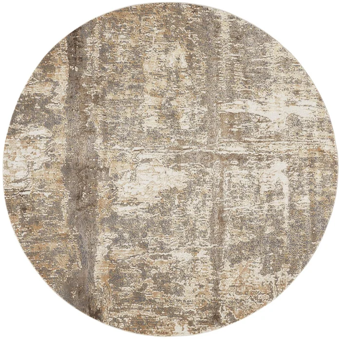 8′ Tan Ivory & Brown Round Abstract Area Rug