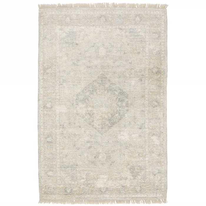 8′ x 10′ Beige and Grey Oriental Hand Loomed Area Rug with Fringe