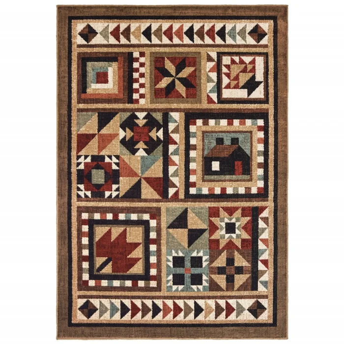 8′ x 10′ Brown and Red Ikat Patchwork Area Rug