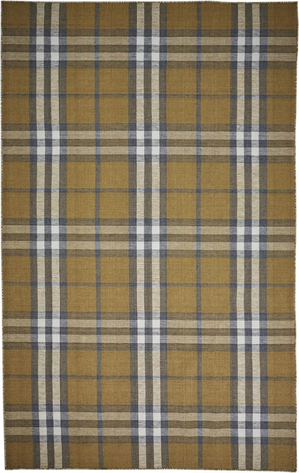 8′ x 10′ Gold Blue and White Abstract Hand Woven Stain Resistant Area Rug