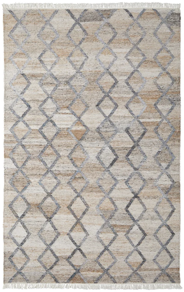 8′ x 10′ Gray Ivory and Tan Geometric Hand Woven Stain Resistant Area Rug with Fringe