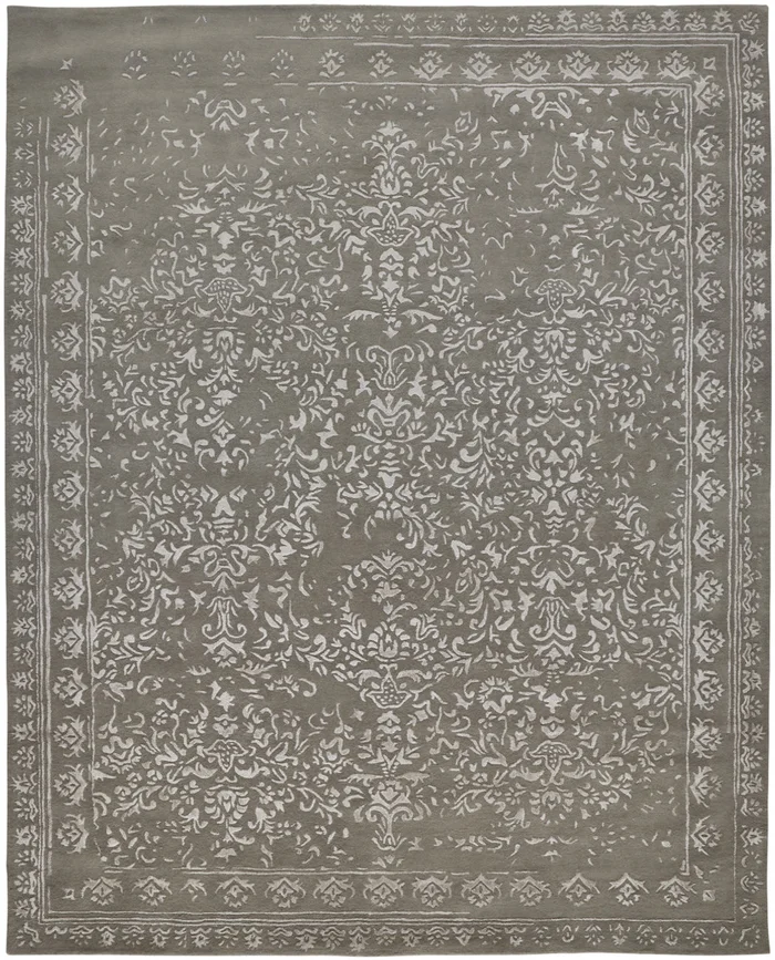 8′ x 10′ Gray Taupe and Silver Wool Floral Tufted Handmade Distressed Area Rug