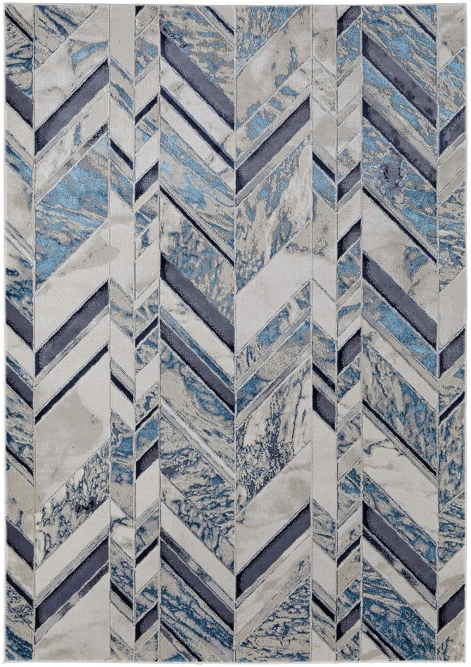 8′ x 10′ Ivory Blue and Gray Chevron Power Loom Distressed Area Rug