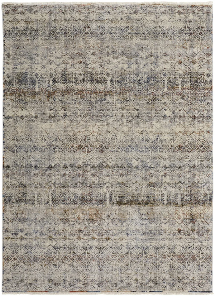 8′ x 10′ Tan Ivory and Blue Geometric Power Loom Distressed Area Rug with Fringe