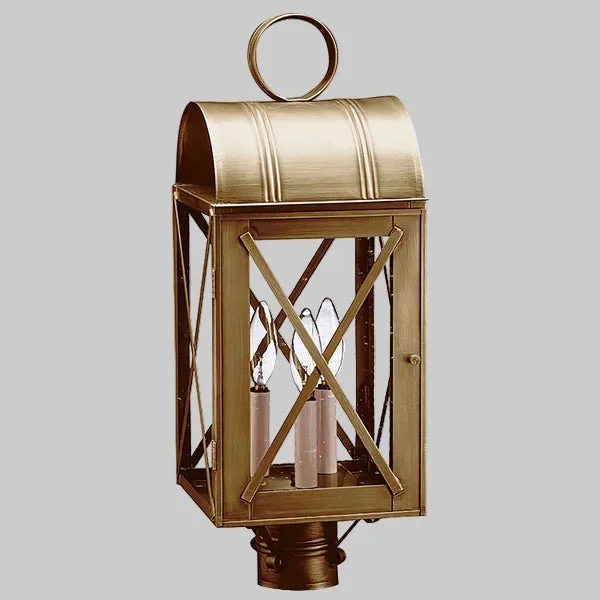Adams Post Light with X Bars and 3 Light Cluster – Antique Brass