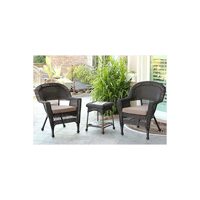 All-Weather Resin Wicker 3pc Chair and End Table Set with Brown Cushion