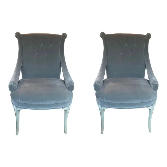 Antique 1920’s Custom Tufted Gray Faux Mohair Accent Chairs Pair
