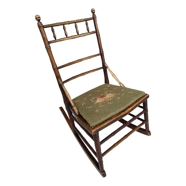Antique 19th Century Victorian Bamboo-Style Rocking Chair With Needlepoint Seat