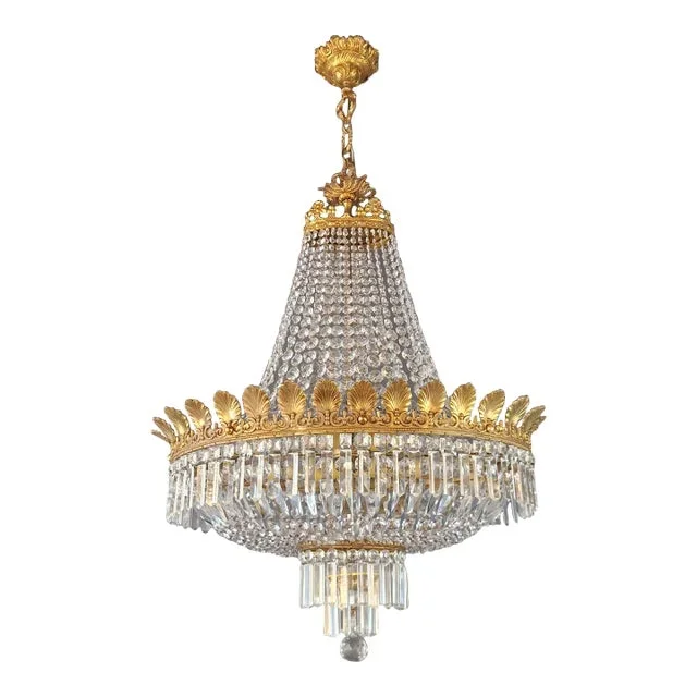 Antique Art Nouveau Low Oval Plafonnier Crystal Chandelier Brass