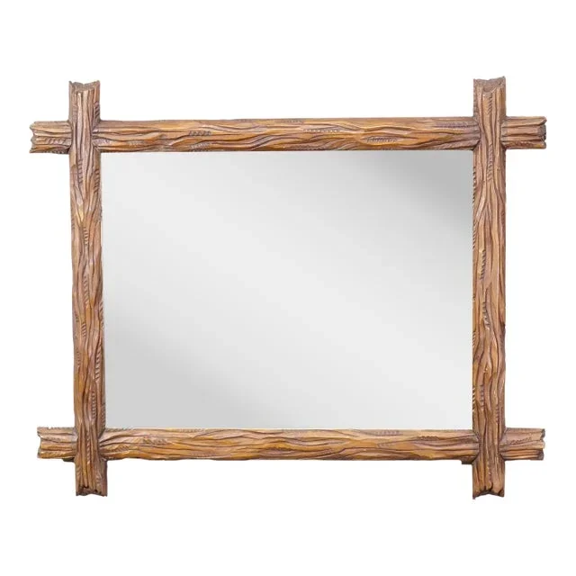 Antique Black Forest Mirror With Rustic Carved Frame