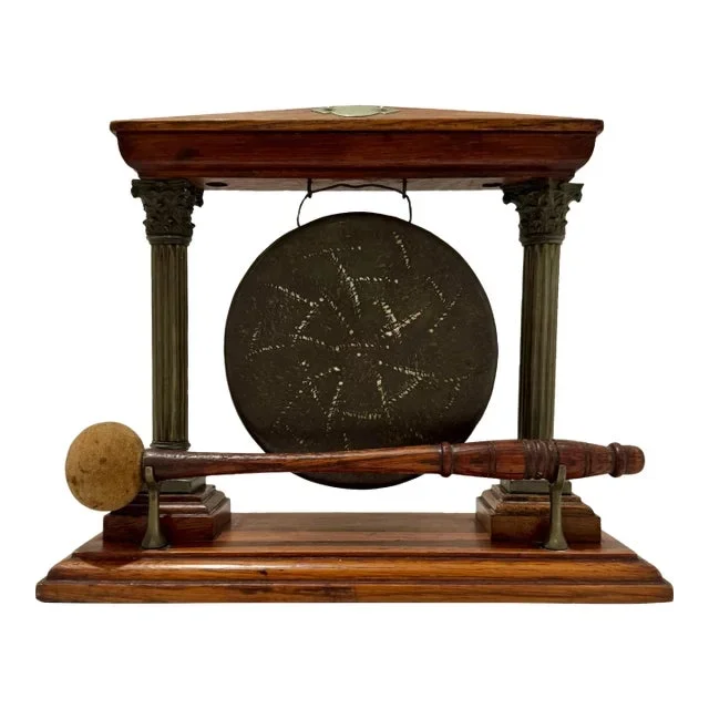 Antique English Oak and Brass Dinner Gong With Mallet – Edwardian Era
