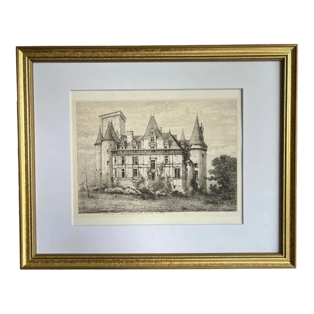 Antique Etching of French Chateau Rochefoucauld by Eugène Sadoux C. 1860