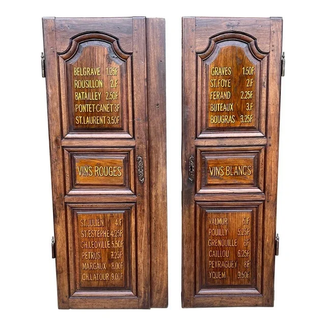 Antique French Pair Buffet Wine Doors Hand Painted Menus Bar Wine Cellar Oak 19c
