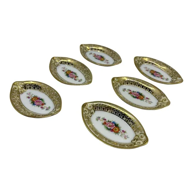 Antique Gold and Floral Porcelain Noritake Salt Cellars- A Set of 6