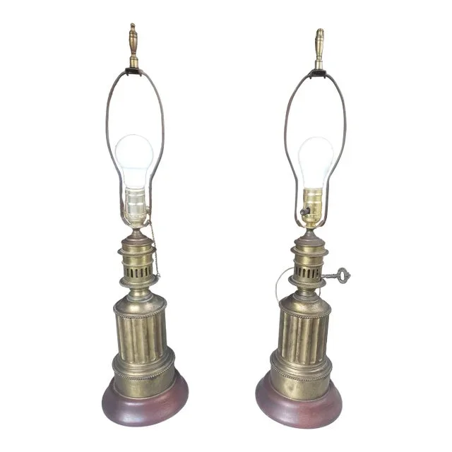 Antique Pair of Electrified Brass Tole Oil Lamps