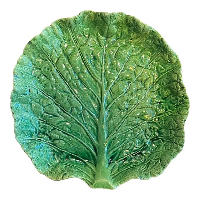 Antique Portuguese Majolica Pottery Green Cabbage or Lettuce Leaf Serving Dish