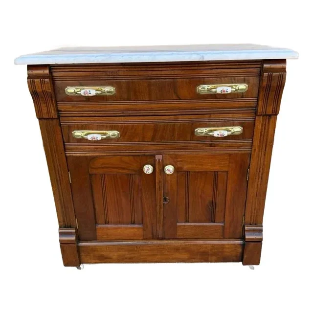 Antique Victorian Eastlake Style Walnut Beautiful Marble Top Washstand or Cabinet