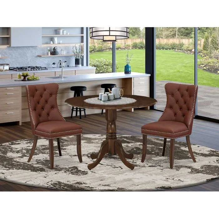 Antique Walnut Round Dining Table Set with Upholstered Chairs