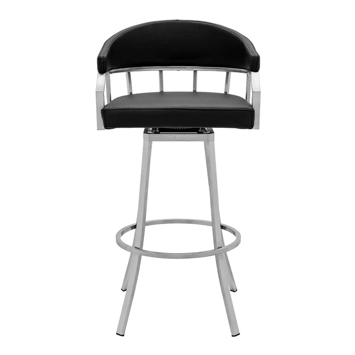 Armen Living – Valerie 26in Counter Height Swivel Modern Balck Faux Leather Bar and Counter Stool in Brushed Stainless Steel Finish – LCVLBABSBL26