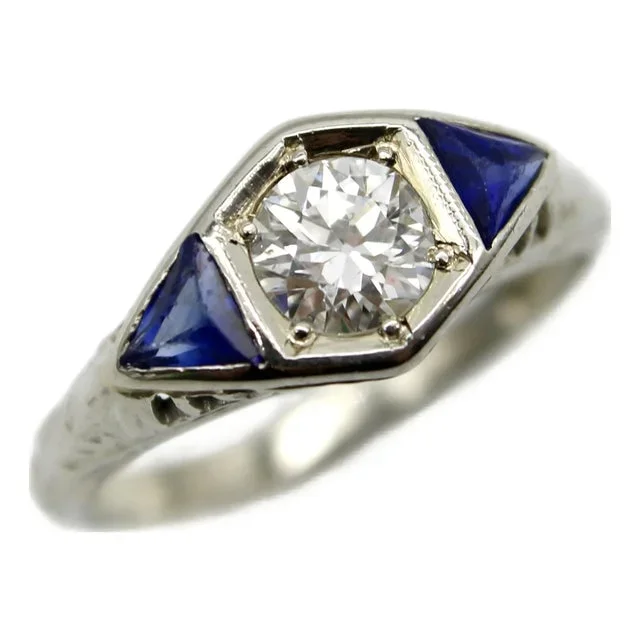 Art Deco 14k White Gold Diamond and Sapphire Ring, Size 4.5