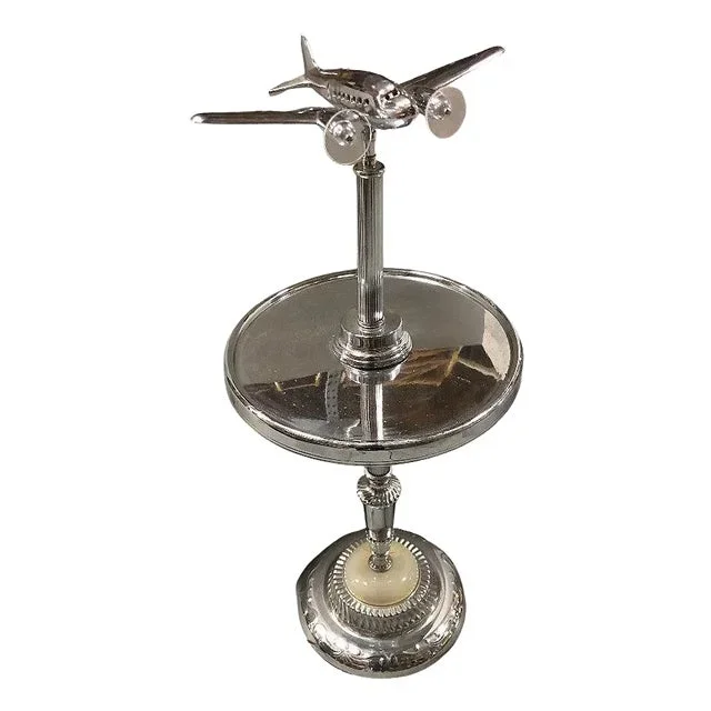 Art Deco Light Up Chrome Douglas Dc-3 Airplane Drink Side Table, Art Glass Base