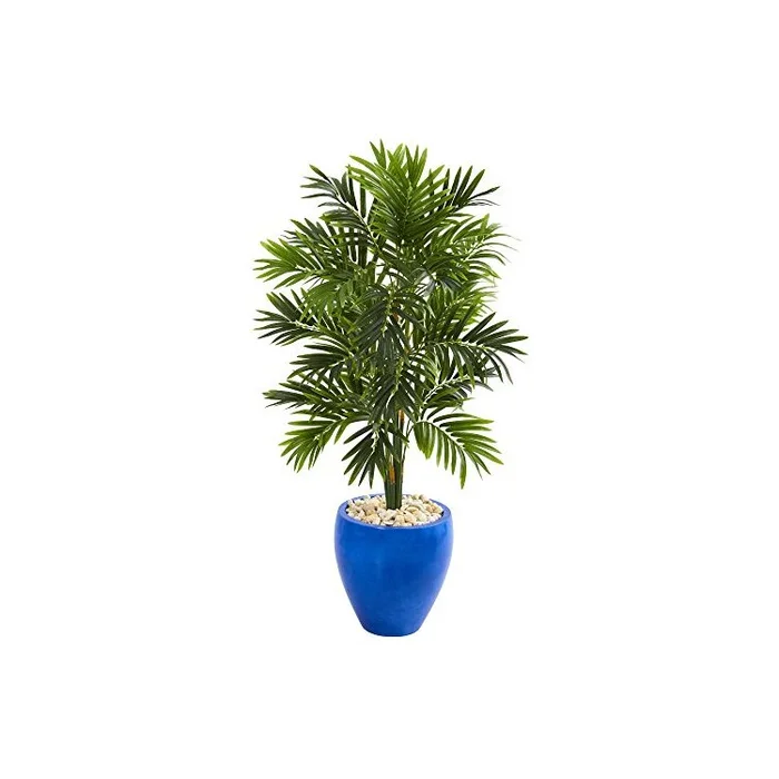 Artificial Areca Palm Tree in Glazed Blue Planter 4 Tall – Nearly Natural