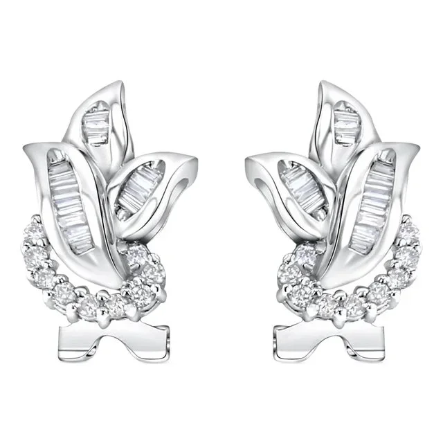 Baguette Diamond Leaf Shaped Lever Back Earrings, 2 Pieces