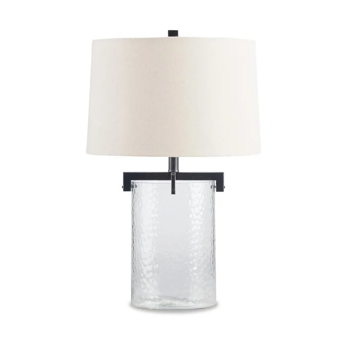 Benjara 25 Inch Table Lamp, White Drum Shade, Clear Glass Base, Black Metal Frame