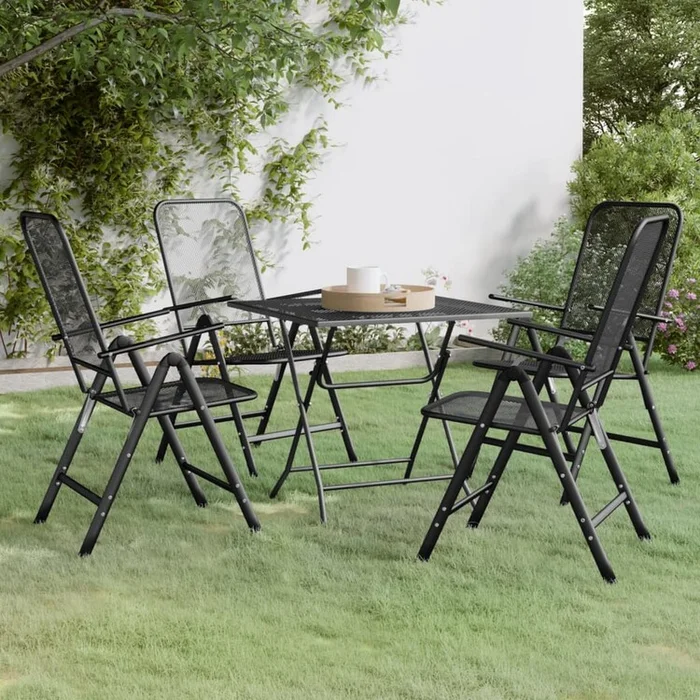 Benjara 5pc Outdoor Patio Dining Table and Chairs Set, Mesh Gray Metal Frame