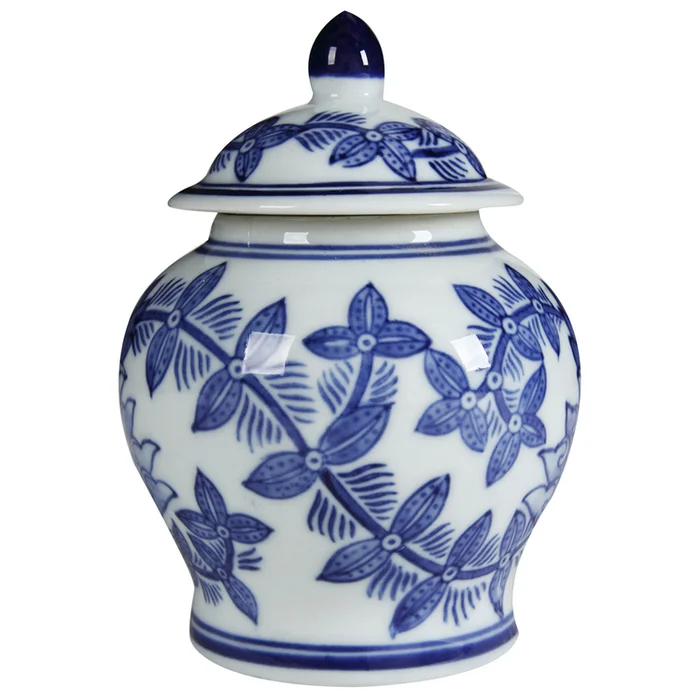 Benjara 6 Inch Porcelain Jar, Urn Shape, Lid, Floral Design, Blue, White