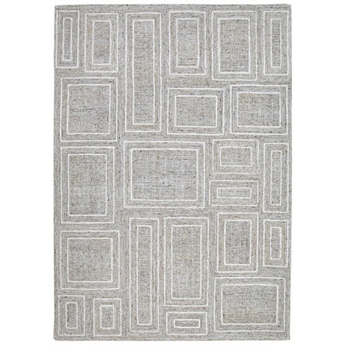 Benjara Bora 5 x 7 Area Rug, Geometric Pattern, Polyester Gray White Wool, Cotton