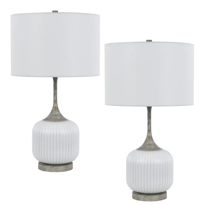 Benjara Myra Table Lamp Set of 2, Fluted Accent Glass Base, White Fabric Shade
