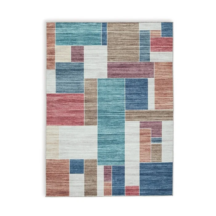 Benjara Nami 5 x 7 Area Rug, Multicolored Geometric Design, Polyester Cotton Blend