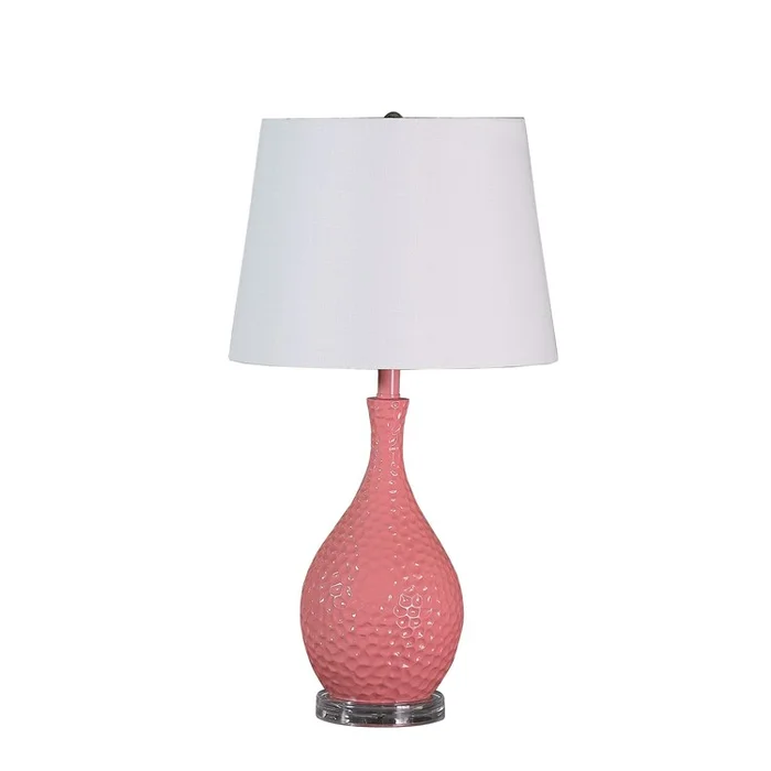 Benjara Pin Bowl Design Metal Table Lamp with Hammered Pattern, Pink