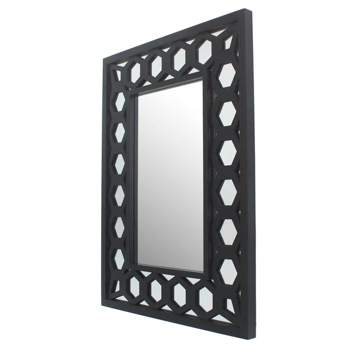 Benjara Rectangular Wooden Dressing Mirror with Lattice Pattern Design, Black