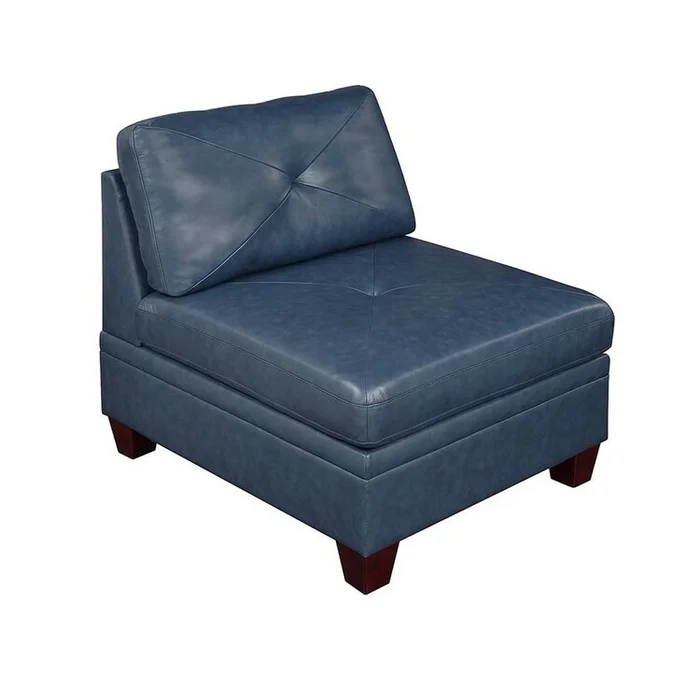 Benjara Samy 37 Inch Modular Armless Sofa Chair, Blue Faux Leather, Solid Wood