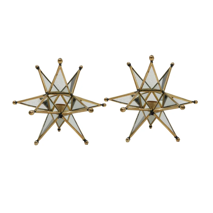 Benjara Set of 2 Candle Holders, Golden Star Style Accent Table Decorations, Glass
