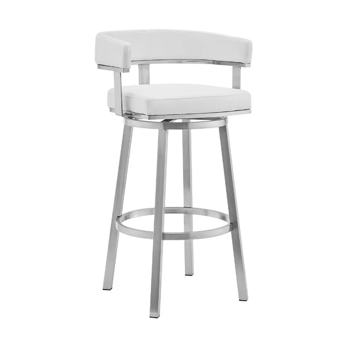 Benjara Swivel Barstool with Curved Open Back and Metal Legs, White and Silver