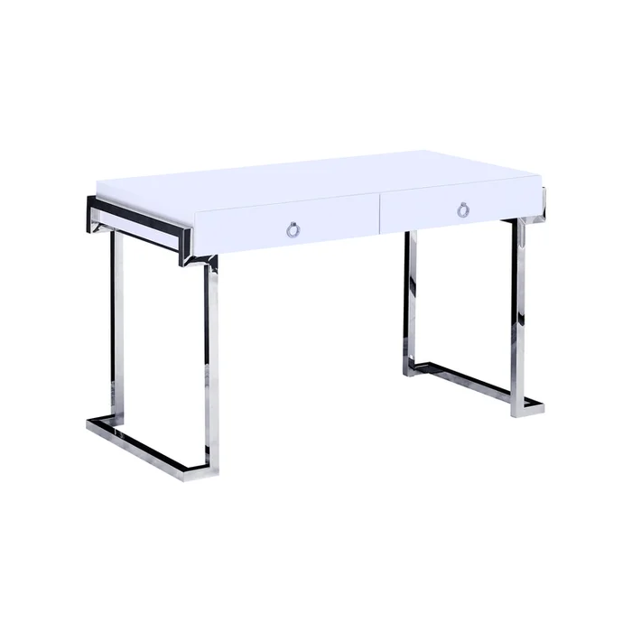 Best Master Furniture Juneau White Lacquer Modern Computer Desk, Silver