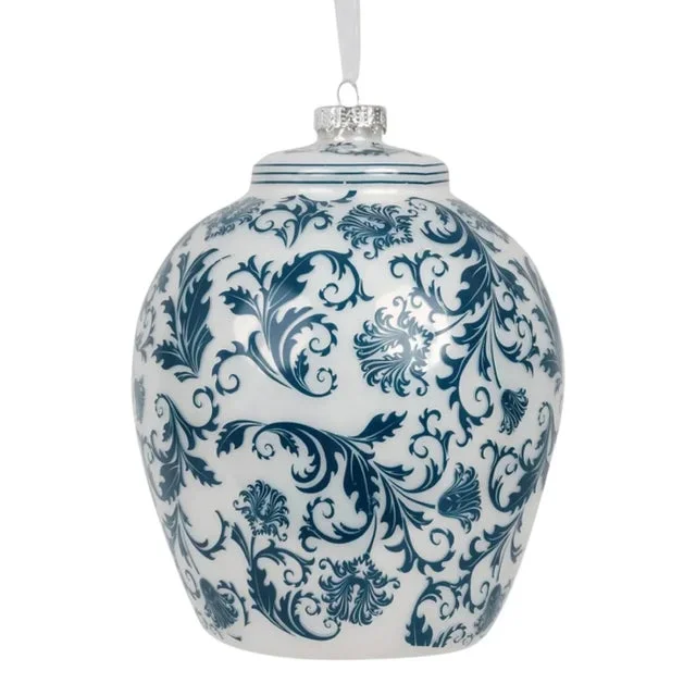 Blue and White Floral Flat Top Ginger Jar Ornament, Large