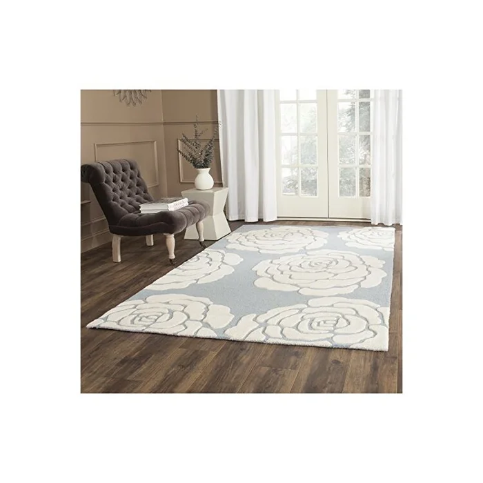 Blue/White Contemporary Wool Pile Rugs 10×8 Large Rectangle